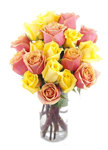 Bouquet Of Long Stemmed Orange And Yellow Roses Dozen And A Half With Vase Flowersnhoney 3446