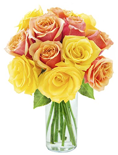 Bouquet of Long Stemmed Orange and Yellow Roses (Dozen) - With Vase ...